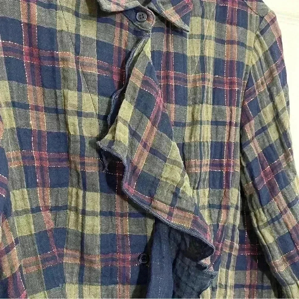 FINLEY Plaid Ruffle Button Down with Gold Thread | size small - Picture 2 of 9